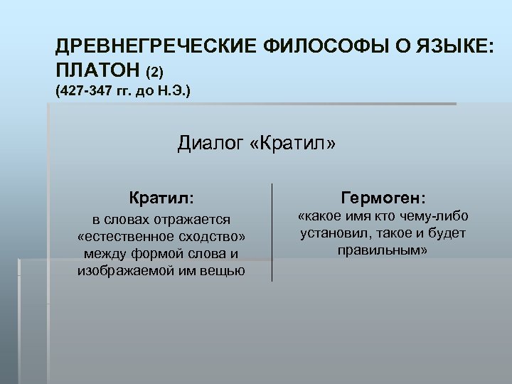 ДРЕВНЕГРЕЧЕСКИЕ ФИЛОСОФЫ О ЯЗЫКЕ: ПЛАТОН (2) (427 -347 гг. до Н. Э. ) Диалог