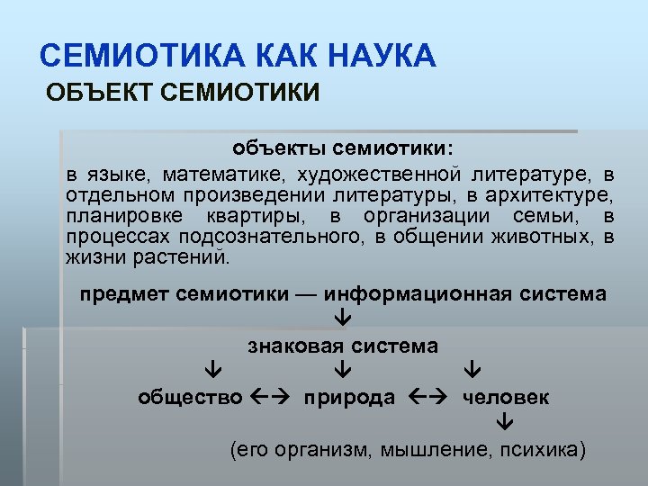 СЕМИОТИКА КАК НАУКА ОБЪЕКТ СЕМИОТИКИ объекты семиотики: в языке, математике, художественной литературе, в отдельном