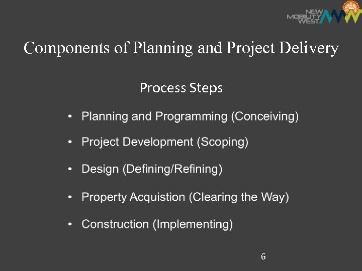Components of Planning and Project Delivery Process Steps 6 