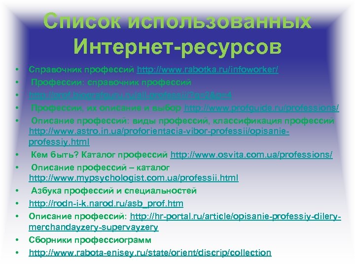 Список использованных Интернет-ресурсов • • • Справочник профессий http: //www. rabotka. ru/infoworker/ Профессии: справочник