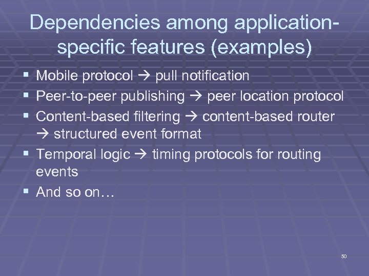 Dependencies among applicationspecific features (examples) § Mobile protocol pull notification § Peer-to-peer publishing peer