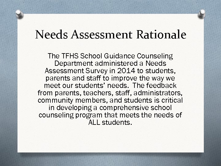 Needs Assessment Rationale The TFHS School Guidance Counseling Department administered a Needs Assessment Survey