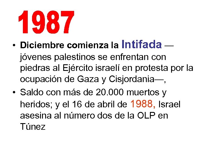  • Diciembre comienza la Intifada — jóvenes palestinos se enfrentan con piedras al