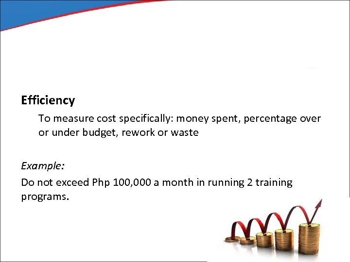 Efficiency To measure cost specifically: money spent, percentage over or under budget, rework or