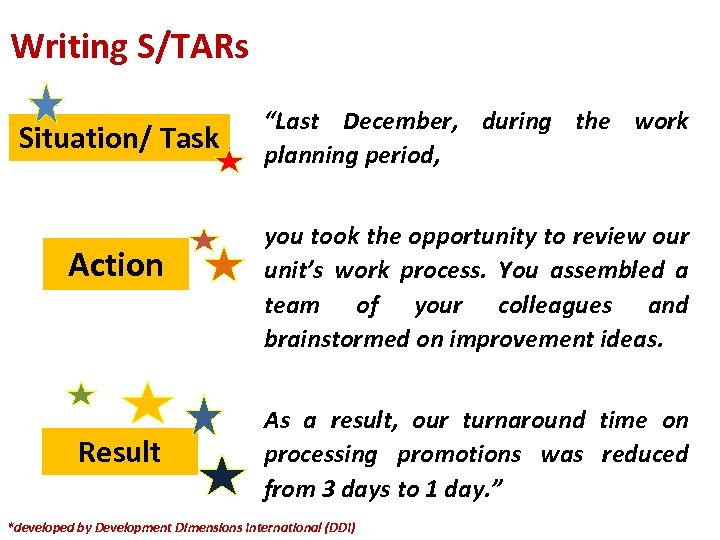 Writing S/TARs Situation/ Task Action Result “Last December, during the work planning period, you