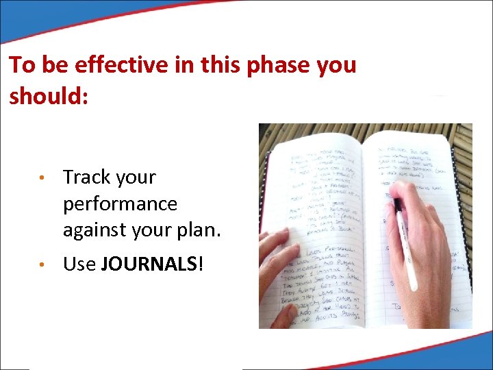 To be effective in this phase you should: • Track your performance against your