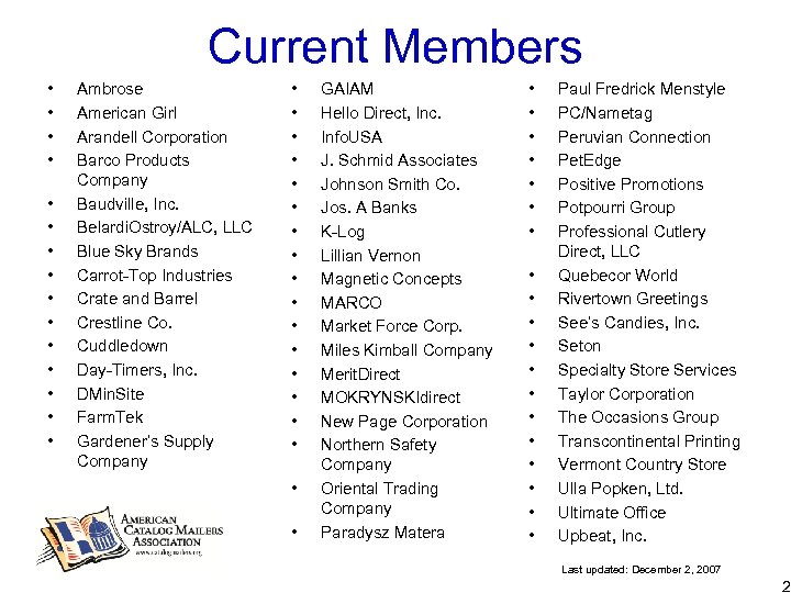 Current Members • • • • Ambrose American Girl Arandell Corporation Barco Products Company