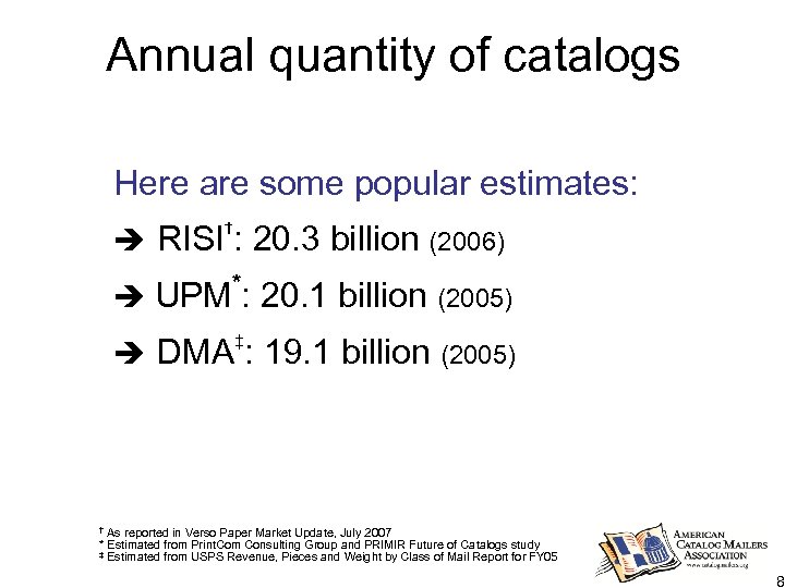 Annual quantity of catalogs Here are some popular estimates: RISI : 20. 3 billion