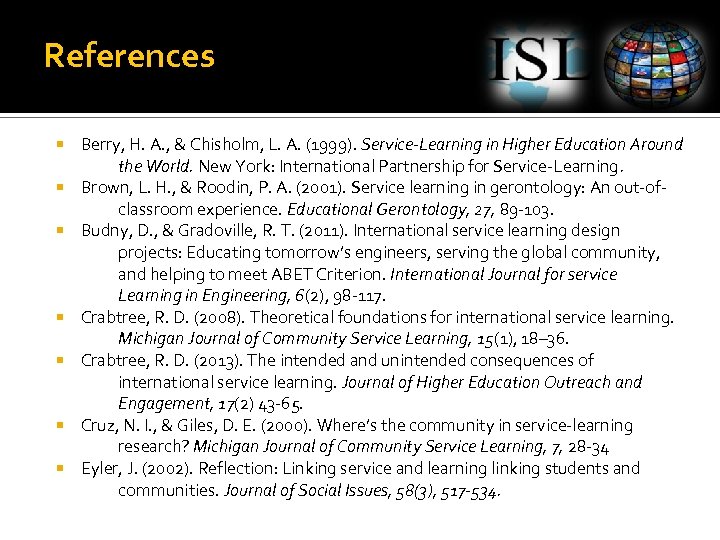 References Berry, H. A. , & Chisholm, L. A. (1999). Service-Learning in Higher Education