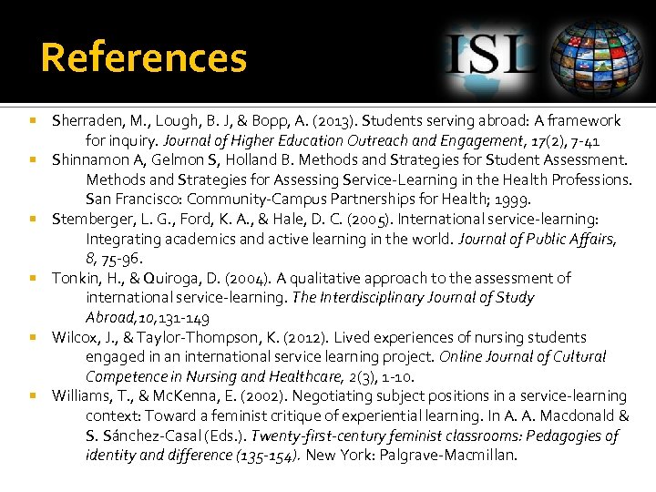 References Sherraden, M. , Lough, B. J, & Bopp, A. (2013). Students serving abroad: