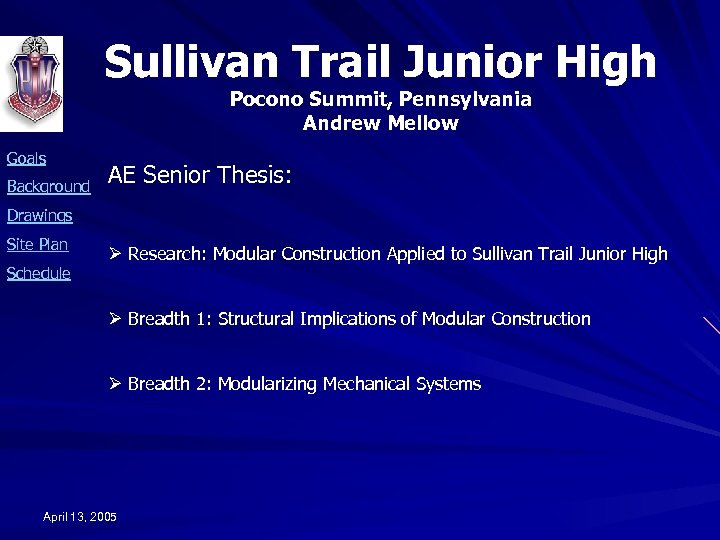 Sullivan Trail Junior High Pocono Summit, Pennsylvania Andrew Mellow Goals Background AE Senior Thesis: