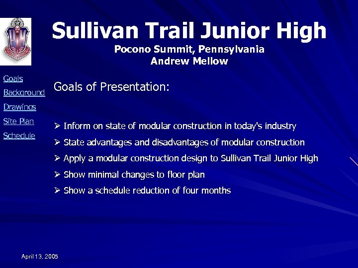 Sullivan Trail Junior High Pocono Summit, Pennsylvania Andrew Mellow Goals Background Goals of Presentation: