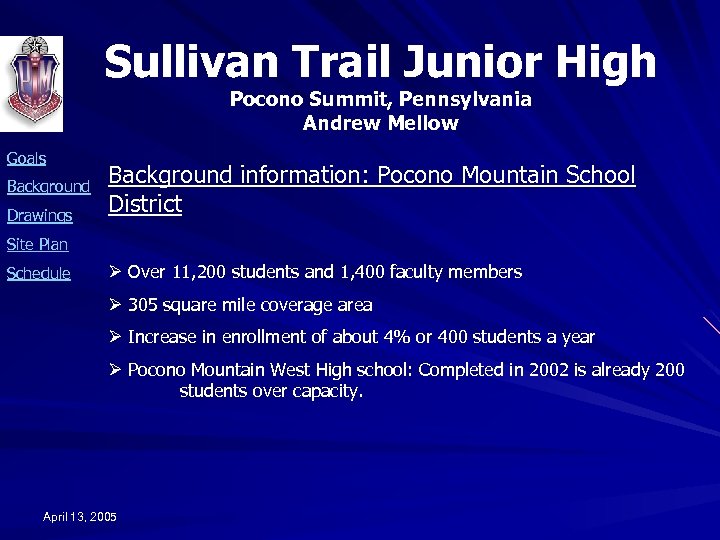 Sullivan Trail Junior High Pocono Summit, Pennsylvania Andrew Mellow Goals Background Drawings Background information: