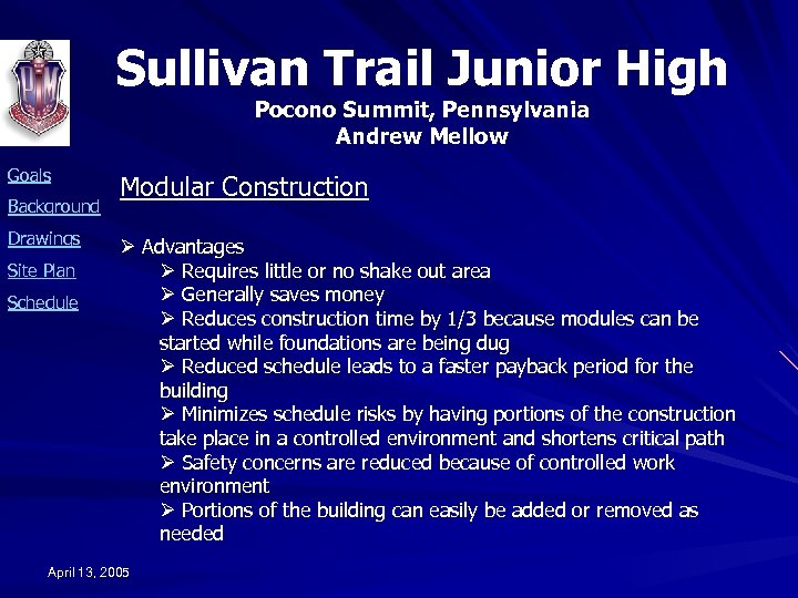 Sullivan Trail Junior High Pocono Summit, Pennsylvania Andrew Mellow Goals Background Drawings Site Plan