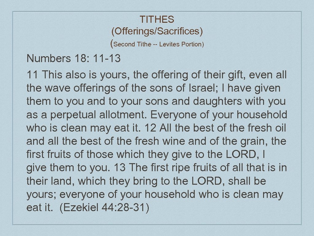 TITHES (Offerings/Sacrifices) (Second Tithe -- Levites Portion) Numbers 18: 11 -13 11 This also