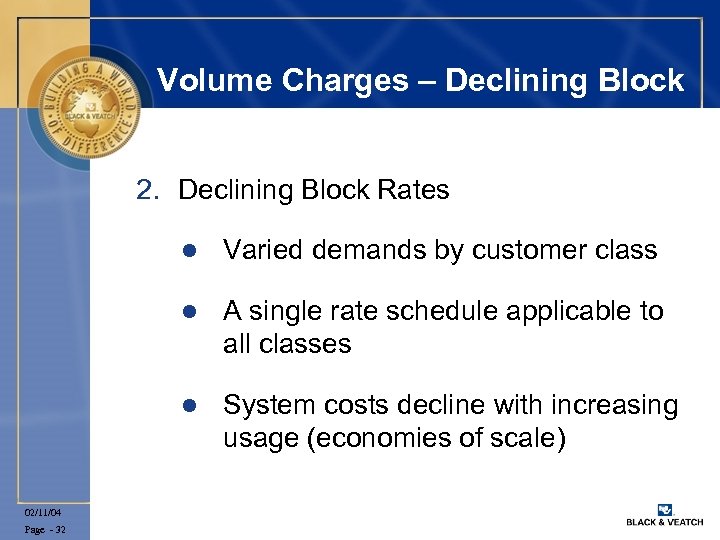 Volume Charges – Declining Block 2. Declining Block Rates l l Page - 32