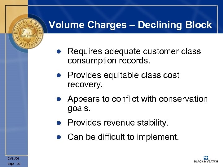 Volume Charges – Declining Block l l Appears to conflict with conservation goals. l