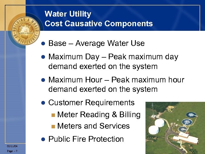 Water Utility Cost Causative Components l l Maximum Hour – Peak maximum hour demand