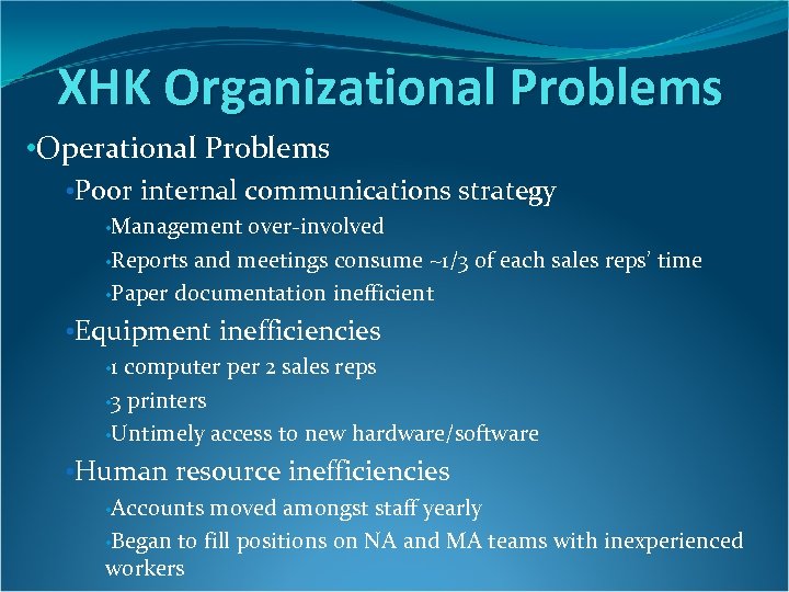 XHK Organizational Problems • Operational Problems • Poor internal communications strategy • Management over-involved