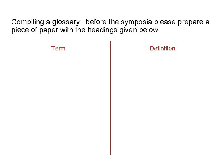 Compiling a glossary: before the symposia please prepare a piece of paper with the