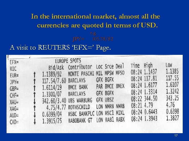 In the international market, almost all the currencies are quoted in terms of USD.