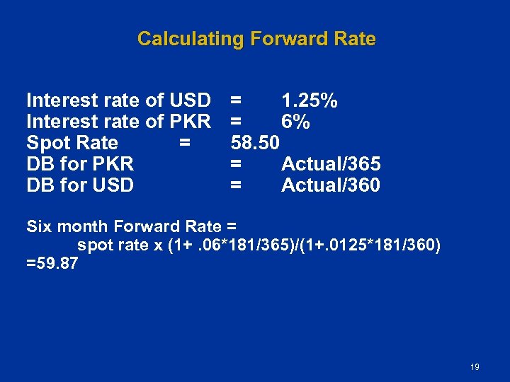 Calculating Forward Rate Interest rate of USD Interest rate of PKR Spot Rate =