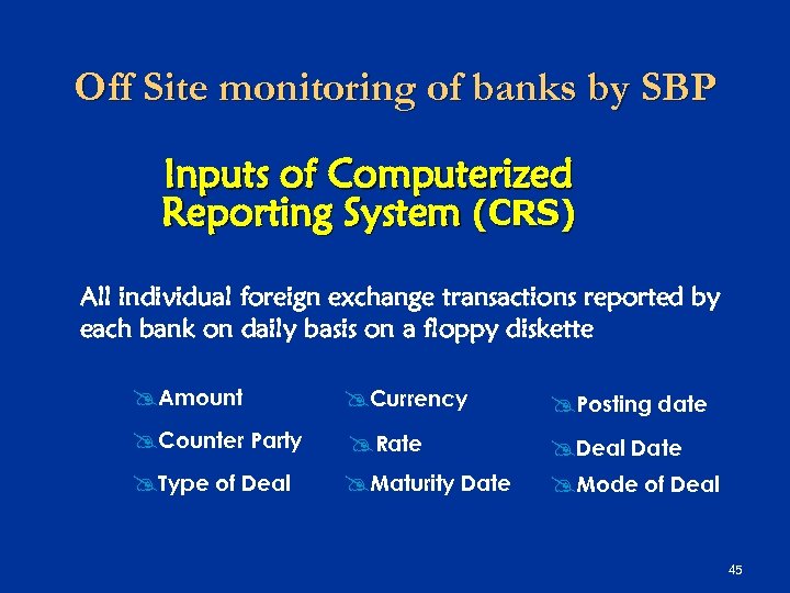 Off Site monitoring of banks by SBP Inputs of Computerized Reporting System (CRS) All