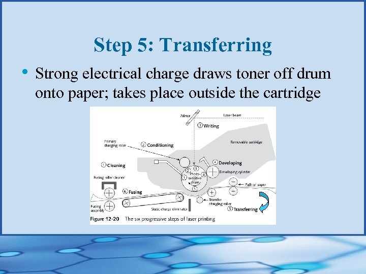 Step 5: Transferring • Strong electrical charge draws toner off drum onto paper; takes