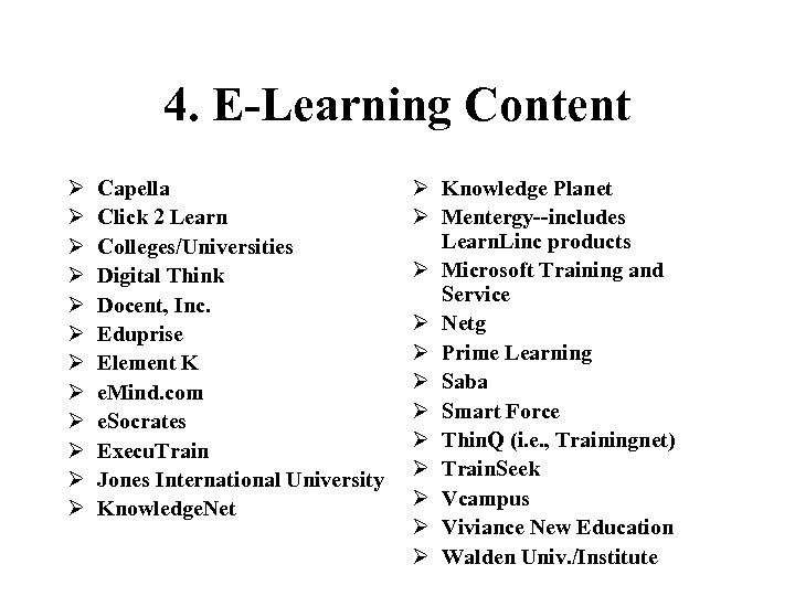 4. E-Learning Content Ø Ø Ø Capella Click 2 Learn Colleges/Universities Digital Think Docent,