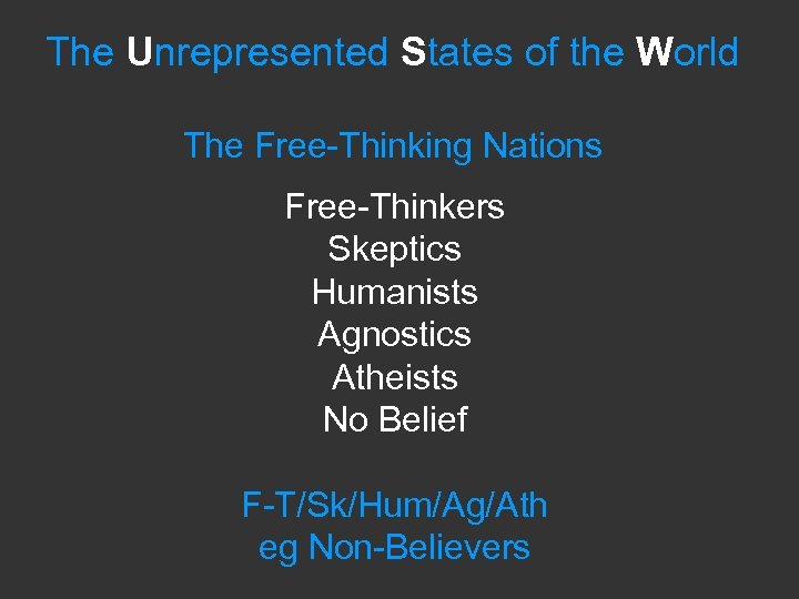 The Unrepresented States of the World The Free-Thinking Nations Free-Thinkers Skeptics Humanists Agnostics Atheists