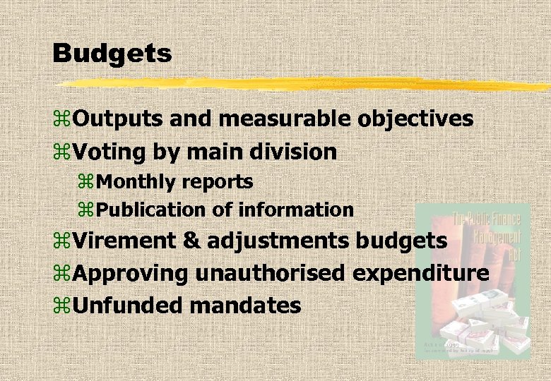 Budgets z. Outputs and measurable objectives z. Voting by main division z. Monthly reports