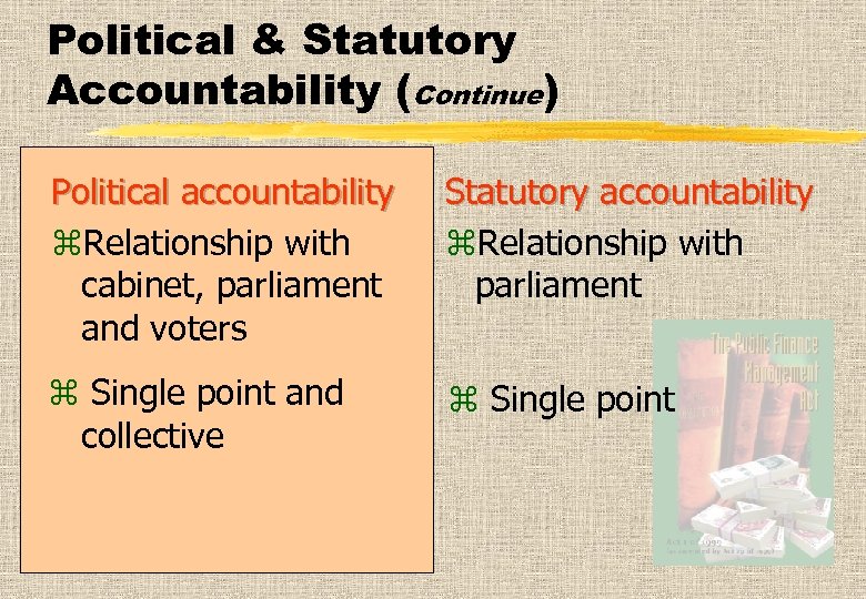 Political & Statutory Accountability (Continue) Political accountability z. Relationship with cabinet, parliament and voters