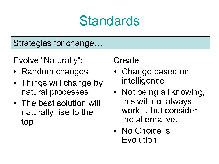 Standards Strategies for change… Evolve “Naturally”: • Random changes • Things will change by