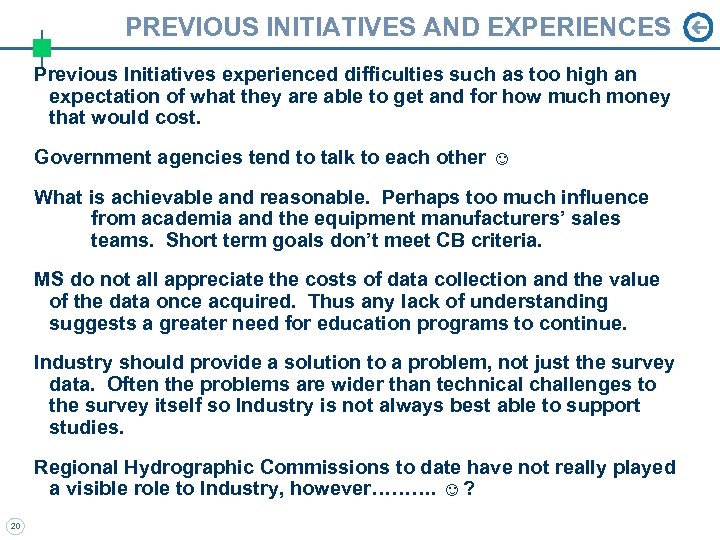 PREVIOUS INITIATIVES AND EXPERIENCES Previous Initiatives experienced difficulties such as too high an expectation