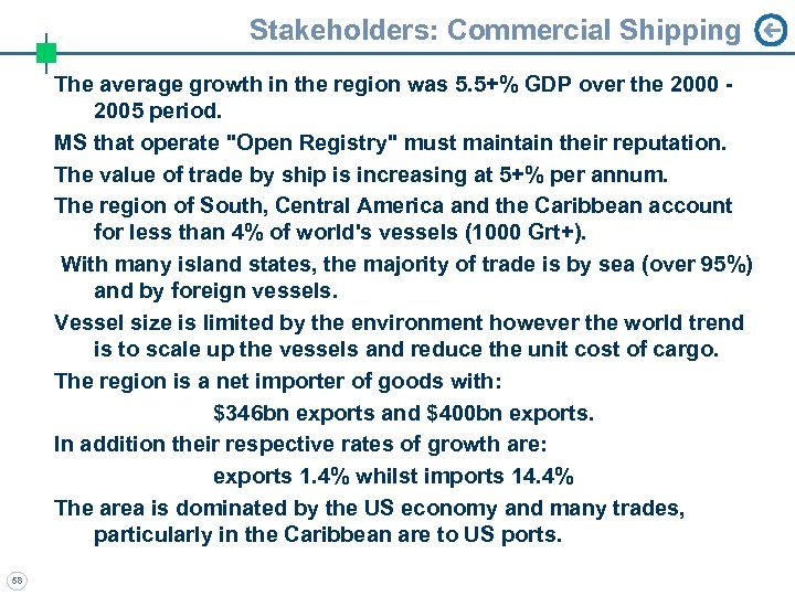 Stakeholders: Commercial Shipping 58 The average growth in the region was 5. 5+% GDP