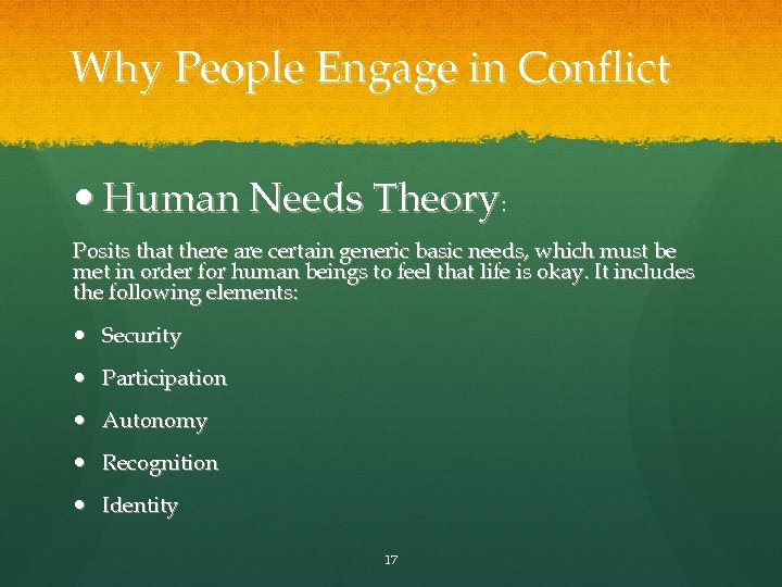 Why People Engage in Conflict Human Needs Theory: Posits that there are certain generic