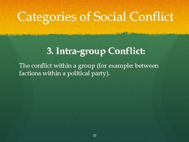 Categories of Social Conflict 3. Intra-group Conflict: The conflict within a group (for example: