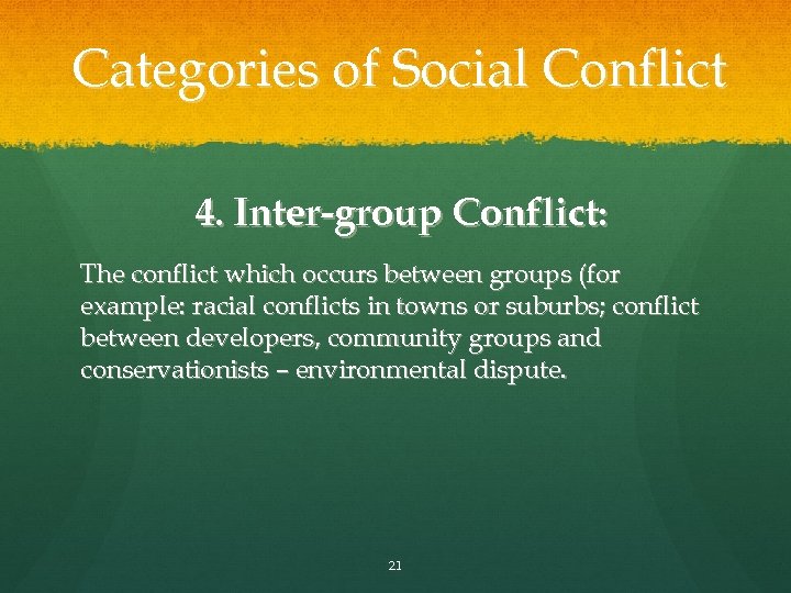 Categories of Social Conflict 4. Inter-group Conflict: The conflict which occurs between groups (for