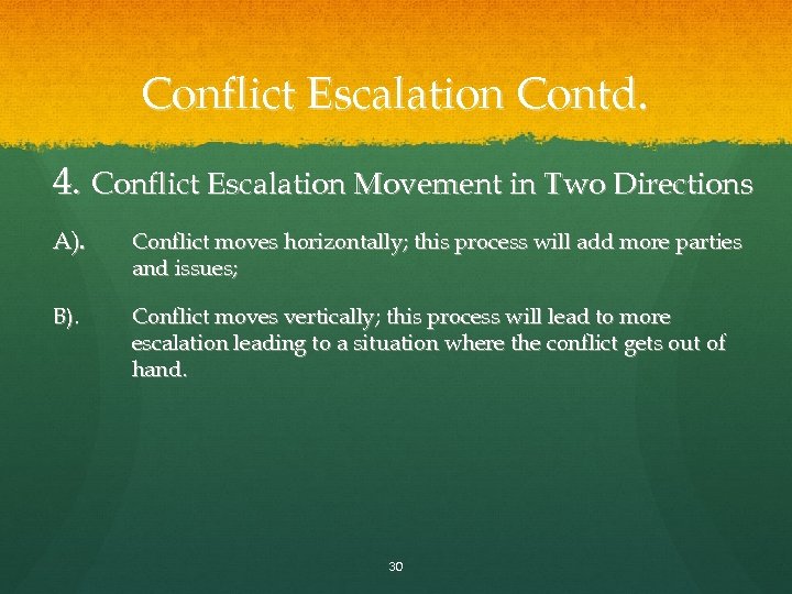 Conflict Escalation Contd. 4. Conflict Escalation Movement in Two Directions A). Conflict moves horizontally;