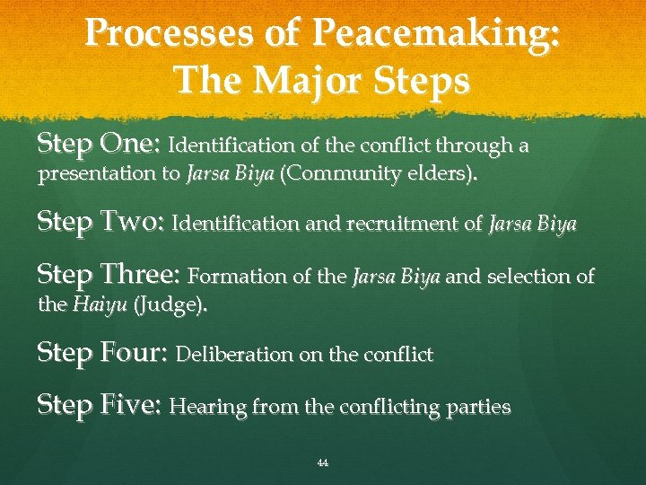 Processes of Peacemaking: The Major Steps Step One: Identification of the conflict through a