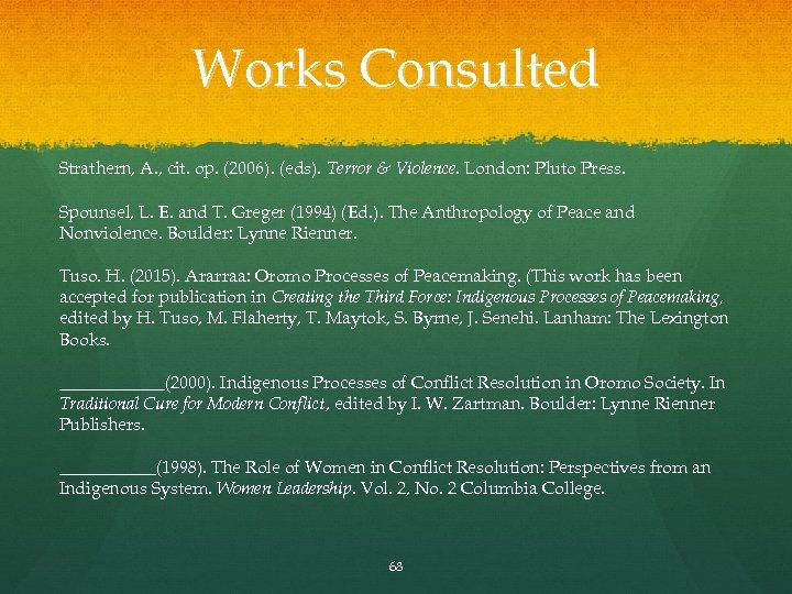 Works Consulted Strathern, A. , cit. op. (2006). (eds). Terror & Violence. London: Pluto