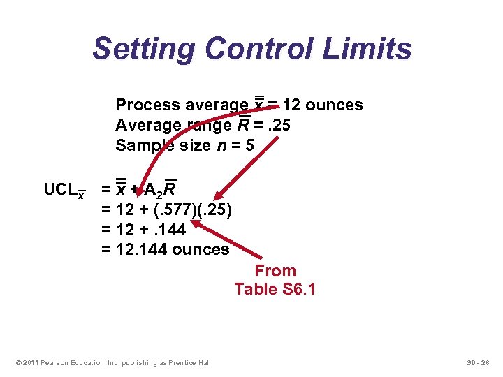 Setting Control Limits Process average x = 12 ounces Average range R =. 25