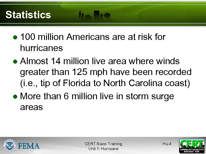 Statistics ● 100 million Americans are at risk for hurricanes ● Almost 14 million