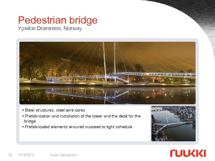 Pedestrian bridge Ypsilon Drammen, Norway • Steel structures, steel wire cores • Prefabrication and