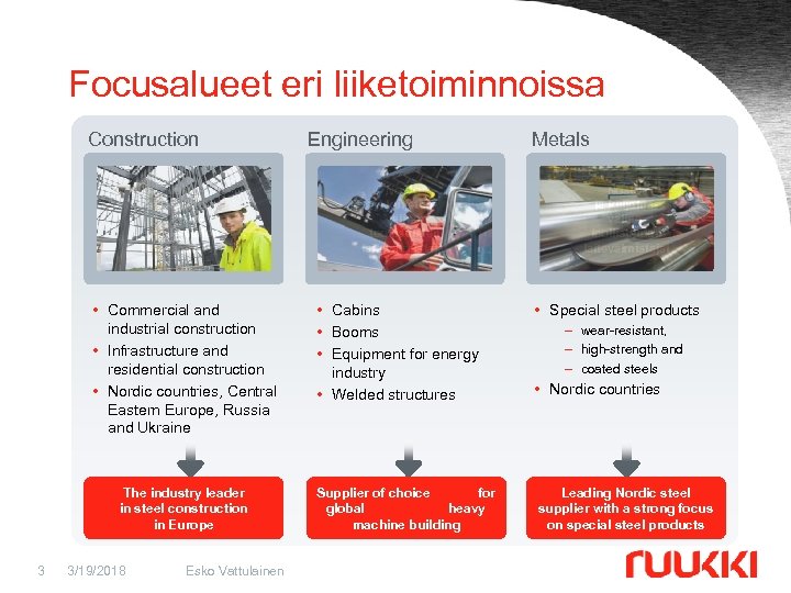 Focusalueet eri liiketoiminnoissa Construction Nostoja kuljetusvälineteollisuuden laitevalmistajat • Commercial and industrial construction • Infrastructure