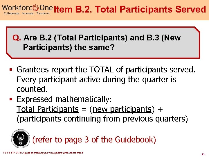 Item B. 2. Total Participants Served Q. Are B. 2 (Total Participants) and B.
