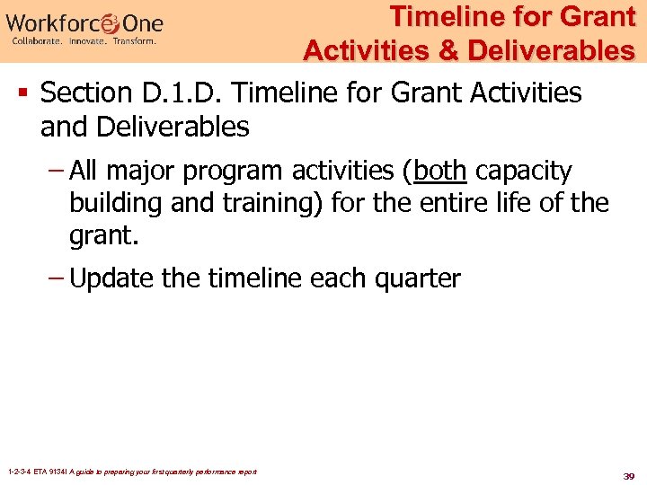 Timeline for Grant Activities & Deliverables § Section D. 1. D. Timeline for Grant
