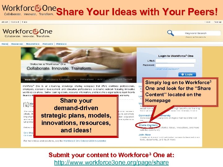Share Your Ideas with Your Peers! Share your demand-driven strategic plans, models, innovations, resources,