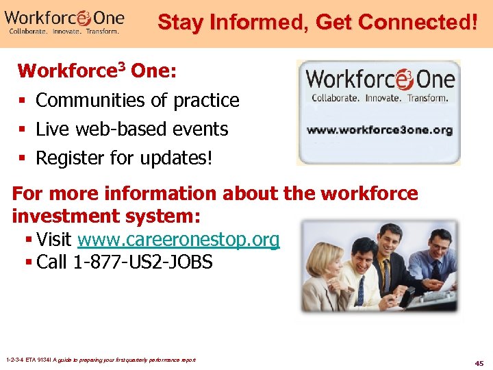 Stay Informed, Get Connected! Workforce 3 One: § Communities of practice § Live web-based
