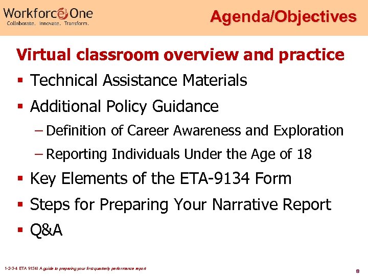 Agenda/Objectives Virtual classroom overview and practice § Technical Assistance Materials § Additional Policy Guidance
